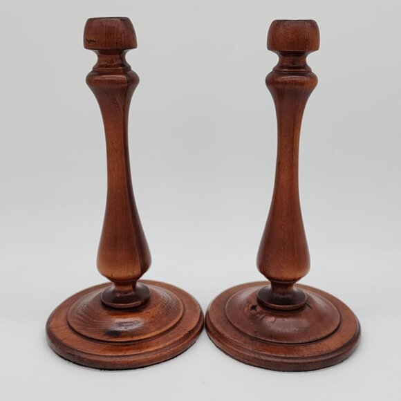 Vintage Wooden Candlestick Holder Large Smooth Design Pair Set of 2 12" - Picture 9 of 12